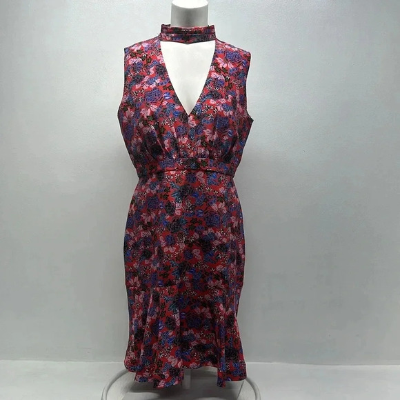 Saloni Dress Sleeveless Silk Midi Lined Choker V-Neck Floral Red Blue Size US 10 - Picture 1 of 11